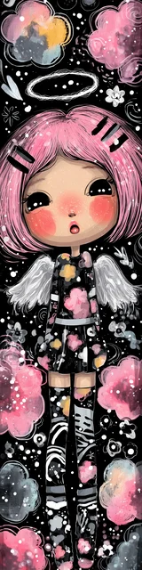 Free kawaii angel bookmark featuring pink black and white short hair kawaii angel